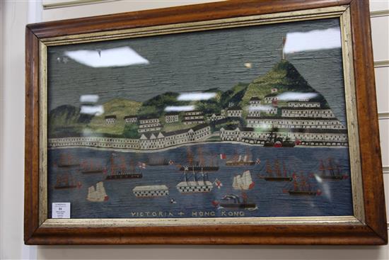 A Victorian woolwork picture of Victoria City, Hong Kong, overall 27.75 x 18.5in.